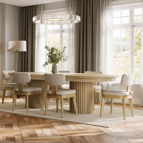 Auden 7 Piece Double Pedestal Dining Set in Natural Brown Wood & Gray Fabric